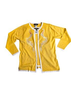 Bob Mackie Wearable Art Yellow Twin Set Women's M Embroidered Peacock Cardigan